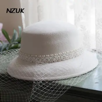 NZUK Senhoras Elegantes Lã Branca casamento chapéu Prateado Véu Fedora Cap Fada do Inverno, Outono de Pura Lã de Feltro Pillbox Feminino Sombrero 2022