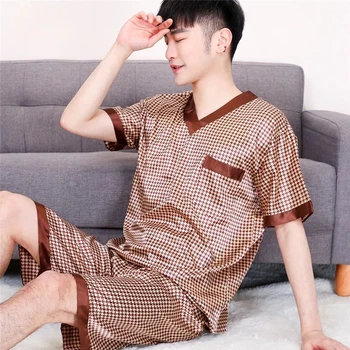 O verão masculino de Pijama Conjuntos Para homens de Pijama Loungewear Pijama Manga Longa Suspensão do sexo Masculino Calças de Pijama de Cetim de Seda Sleepwear