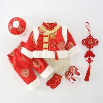 3Pc Conjunto Festival do Ano Novo Chinês Vermelho Bebê Tradicional Quente Engrossar Tang Atender Recém-nascido Menino Menina Bordado de Presente de Aniversário Fantasias