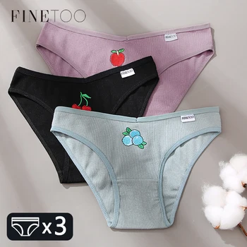 FINETOO 3Pcs/set Mulheres de Algodão Calcinha M-2XL Frutas Bordado de Underwear Plus Size de Baixo Aumento, Cuecas das Senhoras Cuecas Meninas de Calcinha