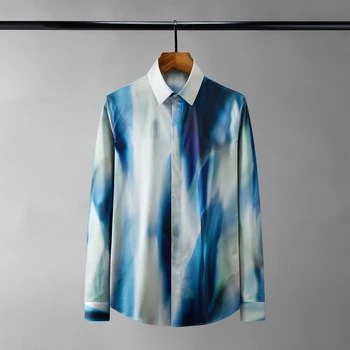 2022 Outono Tie Dye Shirts para os Homens de Manga Longa Camisa Casual Slim Fit Negócios Vestido Formal Camisas do Partido Social Smoking Blusa