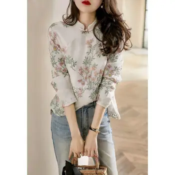 2023 nação chinesa estilo de meia manga mulheres blusa bordado de flor stand colarinho qipao cheongsam estilo de moda casual superior g488
