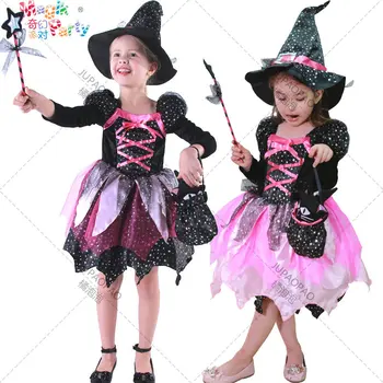 2023Children do Traje de Halloween, Menina COS Maquiagem Desempenho de Bola Bruxa Vestido de Princesa Pequena Bruxa Desempenho Traje Lanterna