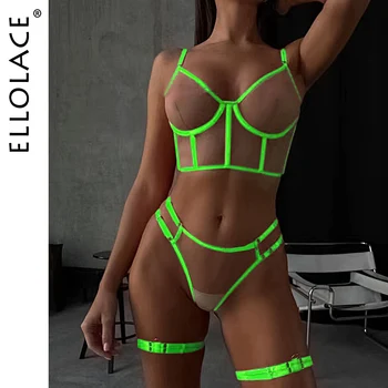 Ellolace Verde Néon Lingerie Fetiche De Mulher Pelada Sem Censura Cueca Que Pode Ver Íntima Sexy Nude Transparente, Conjunto De Sutiã