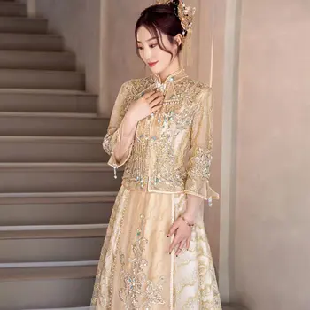 Estilo Chinês De Noiva Brinde Roupa Nova 2023 Bordado Cheongsam Beading Qipao Tradicional Lantejoulas Borlas De Vestido De Noiva