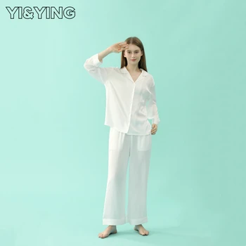 [YI&YING] 2023 pijama de cetim high-end de seda, casa de desgaste das mulheres de primavera e outono, imitação de seda conjunto confortável pijama YA2C003