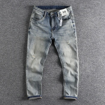 Lavou Retro Jeans para Homens Roupas Angustiado Jeans Moda Calças de Buracos Elásticos Calça Casual Estilo Oversized em linha Reta