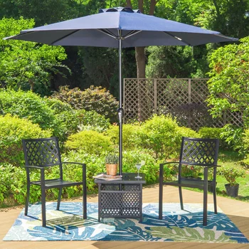 MF Studio 4-Peça ao ar livre Conversa Conjunto com 9 m de Guarda-chuva, do Lado da Mesa e Dois Pilha capaz de Cadeiras, Preto e Azul Marinho