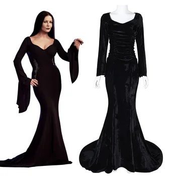 Disfraz de Cosplay de Morticia para mujer, peluca negra Sexy ajustada, vestido de noite de festa para o Halloween y Carnaval