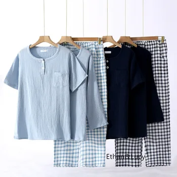 Casual Xadrez de Pijama em Conjunto para Homens de Crepe, Gaze de Manga comprida, Calças e Mangas Curtas Calças de Algodão Confortáveis Pijamas Mujer