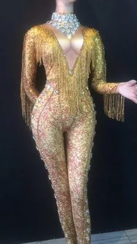 Ouro Brilhantes Strass Cristal Sexy Pendão de Macacões Para as Mulheres Discoteca DJ Roupas de Palco a Cantora Desempenho Fantasias