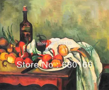 100% Pintado à Mão pintura a Óleo - morta com Cebolas e uma Garrafa de Paul Cézanne, Ainda em Vida, Fruto de Pintura Horizontal