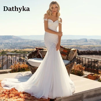 Dathyka Querida Trombeta de Tule Vestidos de Noiva Para Mulheres Fora Do Ombro Laço sem encosto Apliques de Robe De Soirée De Mariage