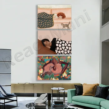 Linda ilustração do retrato feminino, a mulher no amor, a mulher dormindo no sofá, figura abstrata, arte de parede moderna de impressão de cartaz
