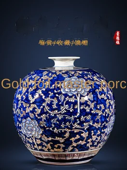 Cerâmica Ouro Decoração Pintados à Mão, a Azul e a Branca da Porcelana do Grande Vaso Chinês Novo Estilo de Sala de estar Arranjo de Flor