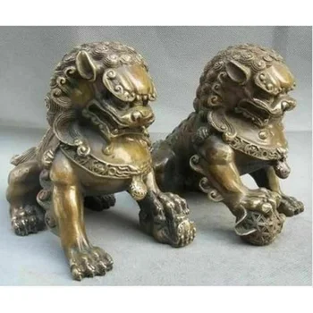 antigas Antiguidades Fengshui Leões Estátua de Bronze Fu Foo Cães Leão Par