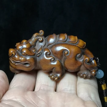 YIZHU CULTUER ARTE L 7,6 CM Velho Chinês de buxo mão esculpida Pi Xiu Unicórnio Estátua netsuke Presente da decoração colecionáveis