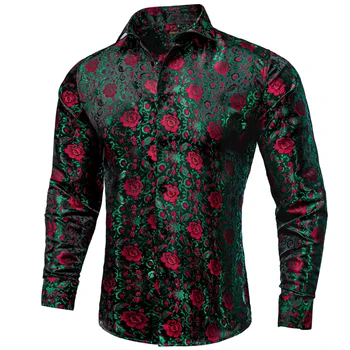 Luxo Camisa Verde-Vermelho com estampa Floral e Blusa para o Homem Acessórios de Mangas compridas Primavera, Outono, Inverno Pano de Moda Masculina de Camisas