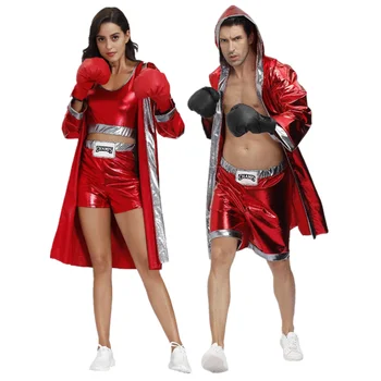Adultos Vermelho Boxer Uniforme Sexy de Boxe Fantasias de Carnaval Festa de Halloween casal de Cosplay Roupas com Capuz do Manto Manto Conjunto de Shorts