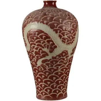 Yuan chinês Vermelho do Esmalte da Porcelana Mão Dragão Esculpido Projeto de Vaso de 12,6 polegadas