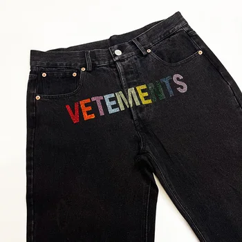 VETEMENTS Jeans Reta Vintage Colorido Logotipo de Diamante Casual Jeans Homens Mulheres 1:1 Vetements Calças Soltas