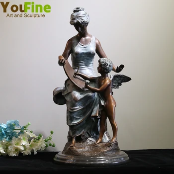 Lindo Vintage Bronze Estatueta De Bronze Feminino Escultura Com O Bebê Anjo Artesanal Família De Artesanato Para Decoração De Casa Ornamento