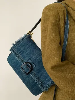 Nicho novo design retro versátil jeans saco na moda de alto valor de borla saco axila de um ombro-viajante saco