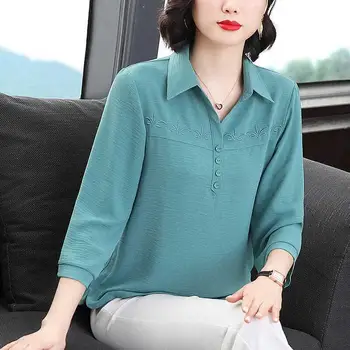 Mãe camisa T-shirt feminina 2023 primavera, outono nova versão coreana do soltas tamanho grande polo camisa sete pontos manga da blusa tops