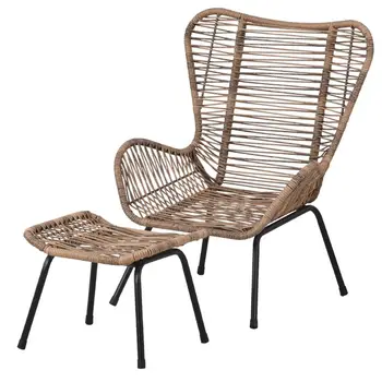 Pátio exterior 5-Peça de Vime Conversa Conjunto de Vime PE Cadeiras de Braço com Fezes e Vidro Temperado de Chá da Mesa para a Varanda