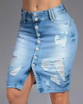 Vintage Trecho De Divisão Saia Jeans Mulheres Demin Saia Abotoado Rasgado Design De Bolso Cintura Alta Slim Elastic Vestido Feminino