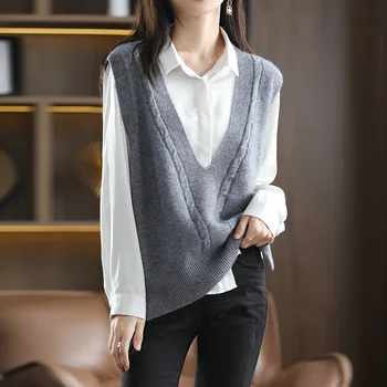 100% lã colete de Mulheres de grande decote em V no botão de padrão de pura lã de malha colete de camisola sem mangas