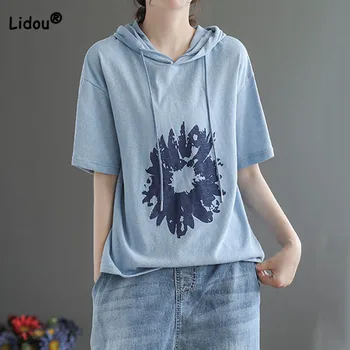 O coreano Solta Cor Sólida Floral Impresso T-shirt com Capuz Feminino de Moda Casual Manga Curta Camisolas de Verão de Roupas femininas