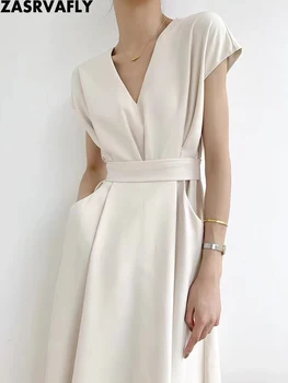 ZASRVAFLY Verão Elegante V-pescoço para Fora Branco Midi Vestido para as Mulheres Casual Bolsos Laterais de Cor Sólida Vestido com Cinto