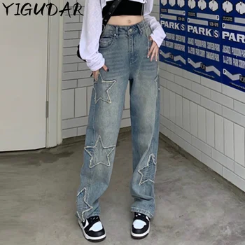 Streetwear Pentagrama De Cintura Alta Jeans Mulher Y2k Coreano De Hip Hop Reta Calças Jeans Boyfriend Jeans Para As Mulheres, Calças De 2023