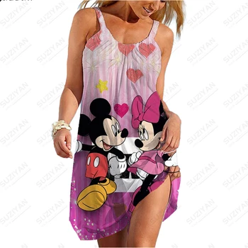 Mulheres de Verão, Saia Curta sem Mangas Vestido de Alça Impressos em 3D da Disney Solta A linha em torno do Pescoço Pulôver de 2023 Novo Grande 5XL Minnie