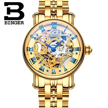 Par de relógios Casuais Mulheres a Marca de Relógios de pulso do Relógio Mecânico Automático Esqueleto Relógios Cheio de Ouro Cinta de Aço BINGER B-5066