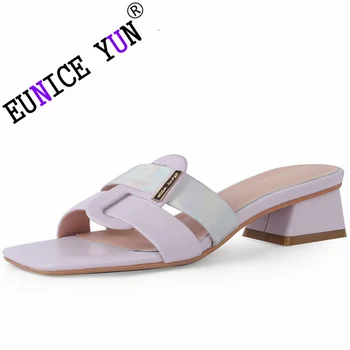 【EUNICE YUN】das Mulheres do Verão da Marca Couro Genuíno Dedo do pé Quadrado de Apartamentos de Flip-Flops Designer Senhoras Slides de Luxo Sandálias 33-40