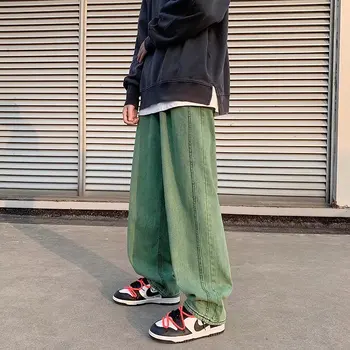 Clássico de Carga calça Jeans Reta para Homens Novo Estilo coreano Tendência Rua Folgado Verde, Denim, Calças de Perna Larga de Moda Casual Masculina, Calças