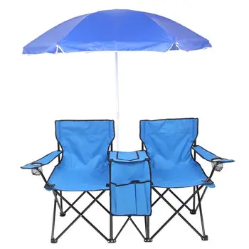 Duplo portátil Dobrável Cadeira Removível com Guarda-chuva Dossel Dupla Assento para o Pátio Praia, Piquenique Pesca Camping Jardim