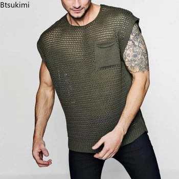 2023Men do Ocos Verde de Malha, Camisa de Malha Colete Masculino Transparente Top sem Mangas Tees Homens Tops Ver Através da Roupa Camisas