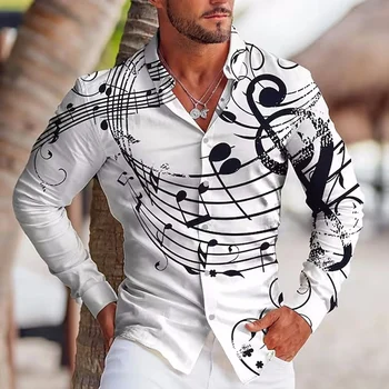 Moda Vintage Camisas Manga Longa Para os Homens Casual Camisa Oversized notas musicais Botão de Impressão Superior Roupas masculinas de Viagem de Alta Qualidade