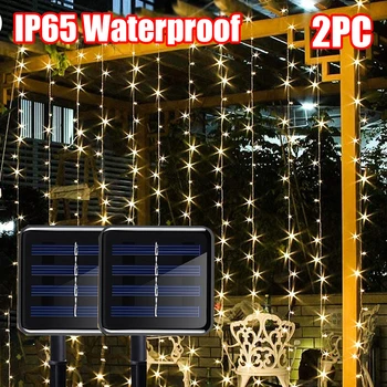 2pc LED Lâmpada Solar Impermeável Cortina de Luzes ao ar livre Garland fio de Cobre Luzes de Fadas Jardim Quintal Festa de Casamento Impermeável Luz