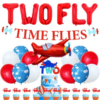 Os dois Voam de Avião Tema do Aniversário de 2 anos da Decoração do Partido com o Tempo Voa Faixa de Dois a Voar Balões Folha de Avião Bolo Toppers para os Meninos