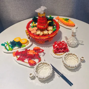 Modelo 3D DIY Mini Blocos de Diamante Tijolos de Construção de Hot Pot, Peixe, Lagosta Cordeiro Rolar Vegetal Vinho Comida Brinquedo para Crianças