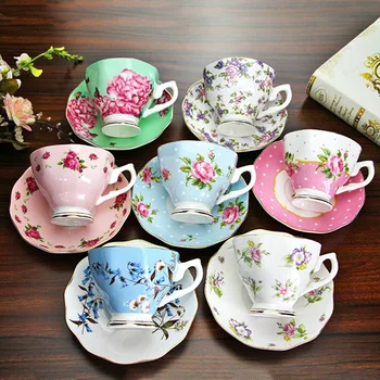 Alta Qualidade Óssea China Flor Tema Xícara de Café e Pires de Chá da Tarde Criativo Conjunto de Chá em Copos de