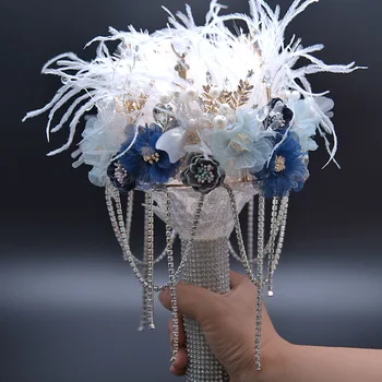 SESTHFAR de Cristal de Luxo Bouquets de Casamento com Pérolas de Contas da Marinha Rosa de Noiva, Buquê de Flores Artificiais Acessórios do Casamento