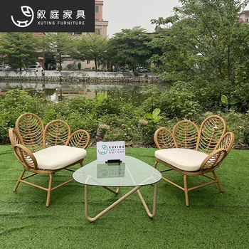 Mobília de vime, cadeira de varanda com mesa de chá de cadeira combinação de cadeira de mesa de pátio ao ar livre de lazer, jardim, cadeira de vime