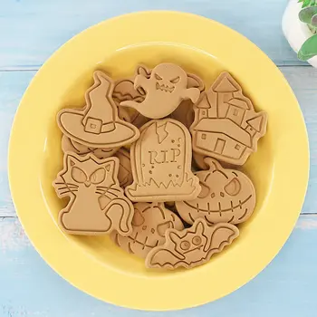 8Pcs/set Plástico Halloween Cortadores de Cookie 3D Cartoon Pressão da Mão Fondant Biscoito Molde de Pastelaria, Panificação Ferramentas de Cozinha Bakeware