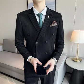 (Jaquetas+Colete+Calça) Masculino Coreano Blazer Slim Seleção Britânica Terno De Negócio Dos Homens De Três Peças De Noiva Noivo Noiva Homem Vestido De