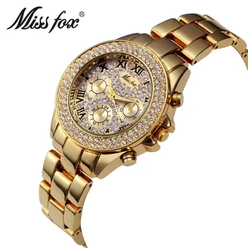 MISSFOX de melhor Marca de Luxo Strass Assistir a Mulher de Moda de Ouro Mulheres Relógios Relógio Feminino Inoxidável Aço Ladies Watch Relógio